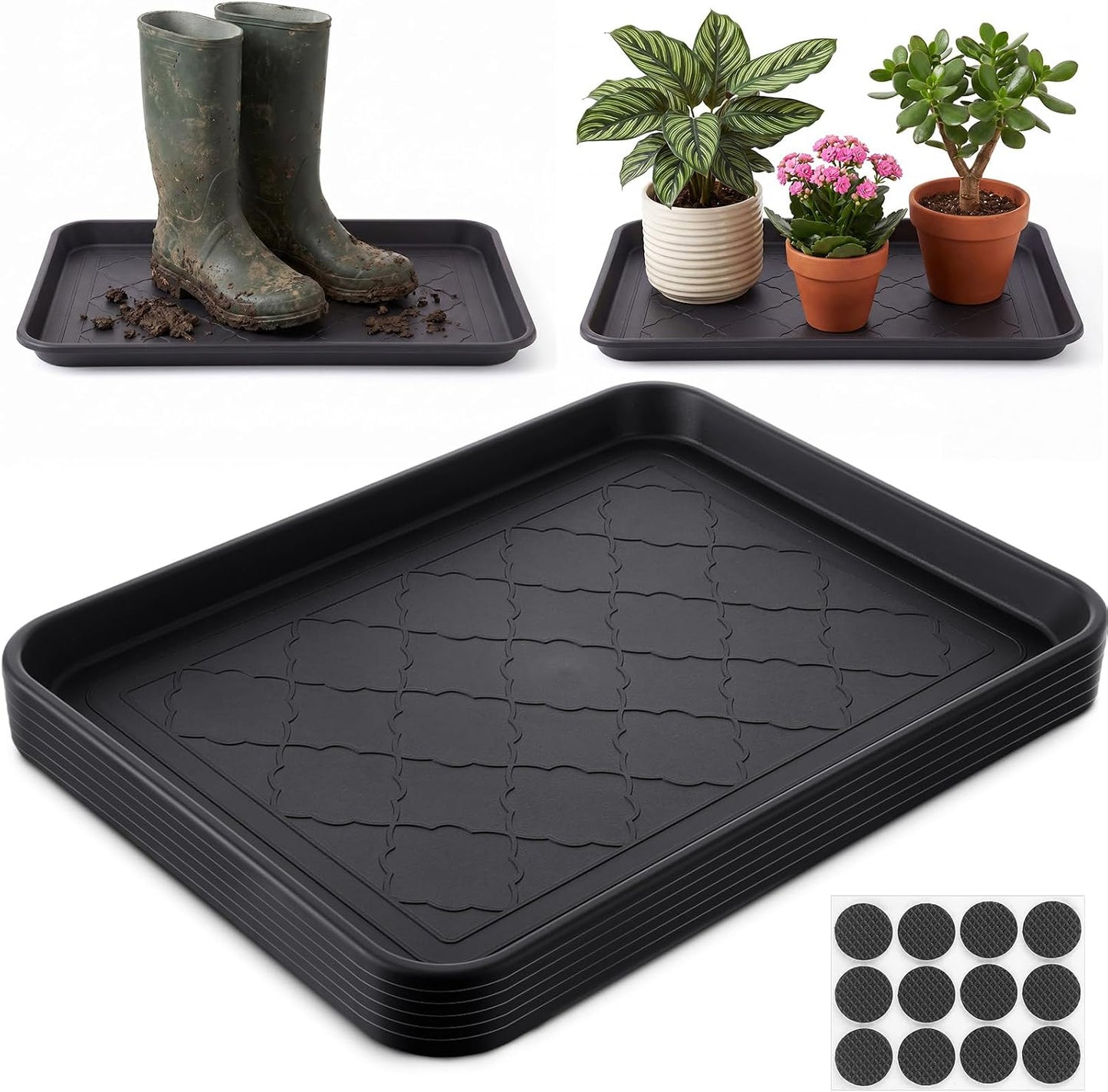 Novabright 6 Pcs Boot Tray with 24 Pcs Anti-Slip Pads Waterproof Boot Mat Wet Shoe Tray & Pet Food Mat, Multi-Purpose Garden Tool for Entryway Indoor Boots Shoes Pets(14 x 11 Inch)