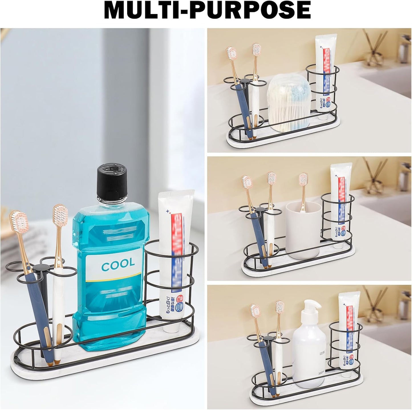 Toothbrush Holder Stand for Bathroom, Metal Toothbrush Organizer with Marble Base, Toothbrush Storage Collection for Family, Suitable for Home Hotel Countertop Vanity (Small, Matte Black)