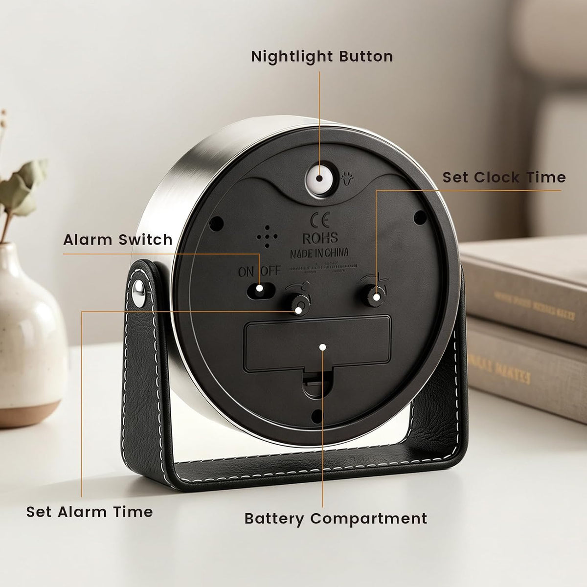 Analog Alarm Clock - 4.5" Silent Non Ticking Small Clock with Light, Rotatable Stand Metal Desk Clock Battery Operated, Simple Design for Living Room Decor/ Bedroom/Bedside/Shelf (Black & White)