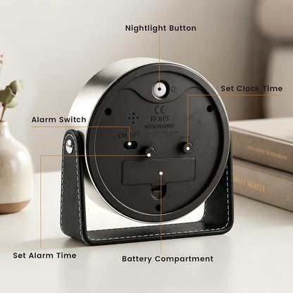 Analog Alarm Clock - 4.5" Silent Non Ticking Small Clock with Light, Rotatable Stand Metal Desk Clock Battery Operated, Simple Design for Living Room Decor/ Bedroom/Bedside/Shelf (Black & White)