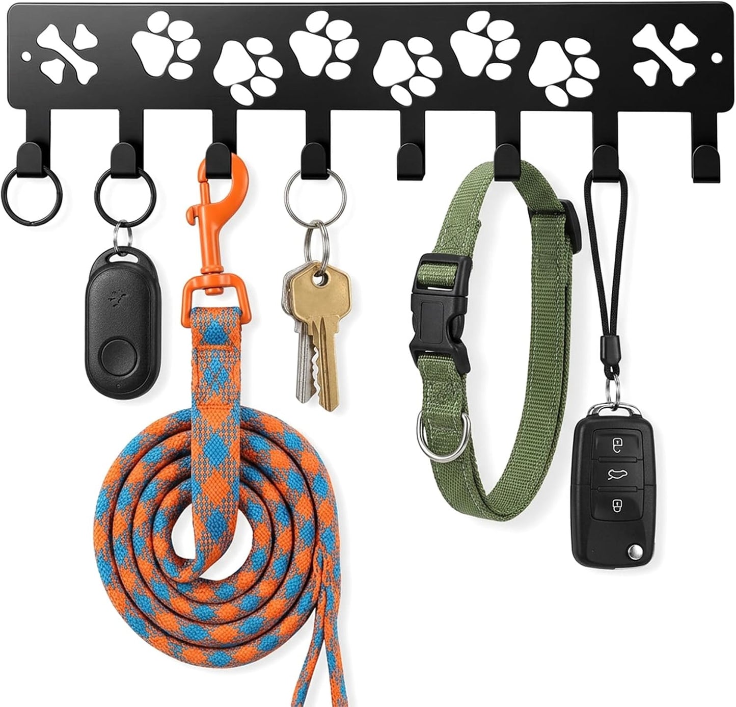 Metal Key Hanger Wall Mount Dog Leash Holder for Wall, Key Rack with 8 Hook | Entryway/Hallway/Kitchen Decor, Self Adhesive Dog Paws Design Walls Organizer with Screw Anchors for Gifts