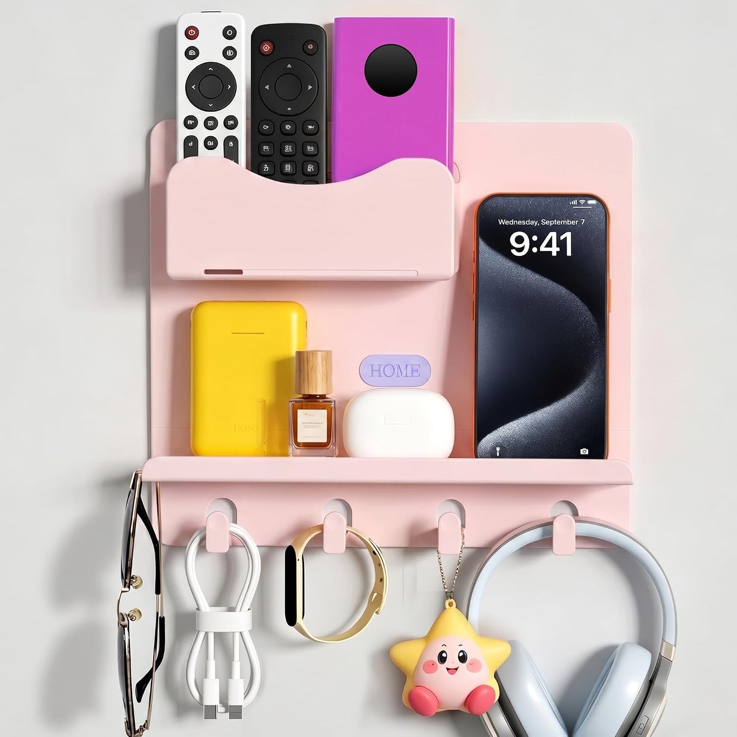 Bedside Shelf Wall Mount, Adhesive Bedside Shelf Accessories Organizer with Hooks and Cable Clips,Dorm Bedside Wall Storage for Phone, Remote, Earphone,Plastic (White)