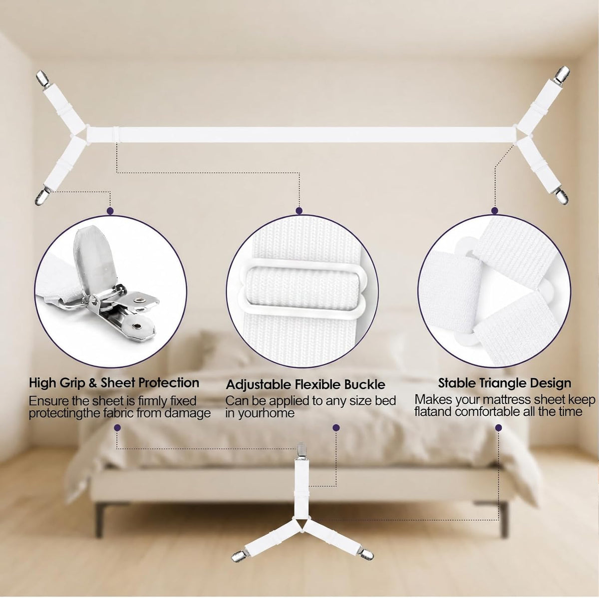 2 Pack Bed Sheet Holders - Adjustable Criss Cross Sheet Strap White