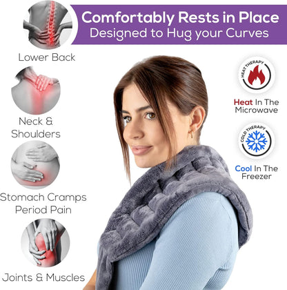 Purple Moon Collection - Microwavable Heating Pad with Straps - Medium, Gray - Reheatable Heat Pack for Back, Neck, Shoulders Pain Relief - Hot/Cold Therapy Body Wrap for Menstrual Cramps