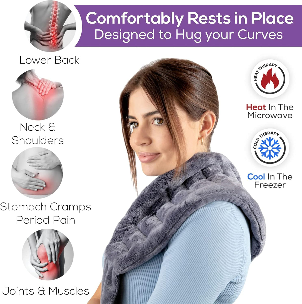 Purple Moon Collection - Microwavable Heating Pad with Straps - Medium, Gray - Reheatable Heat Pack for Back, Neck, Shoulders Pain Relief - Hot/Cold Therapy Body Wrap for Menstrual Cramps