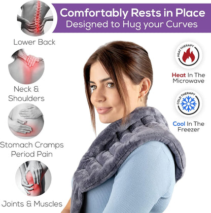 Purple Moon Collection - Microwavable Heating Pad with Straps - Medium, Gray - Reheatable Heat Pack for Back, Neck, Shoulders Pain Relief - Hot/Cold Therapy Body Wrap for Menstrual Cramps