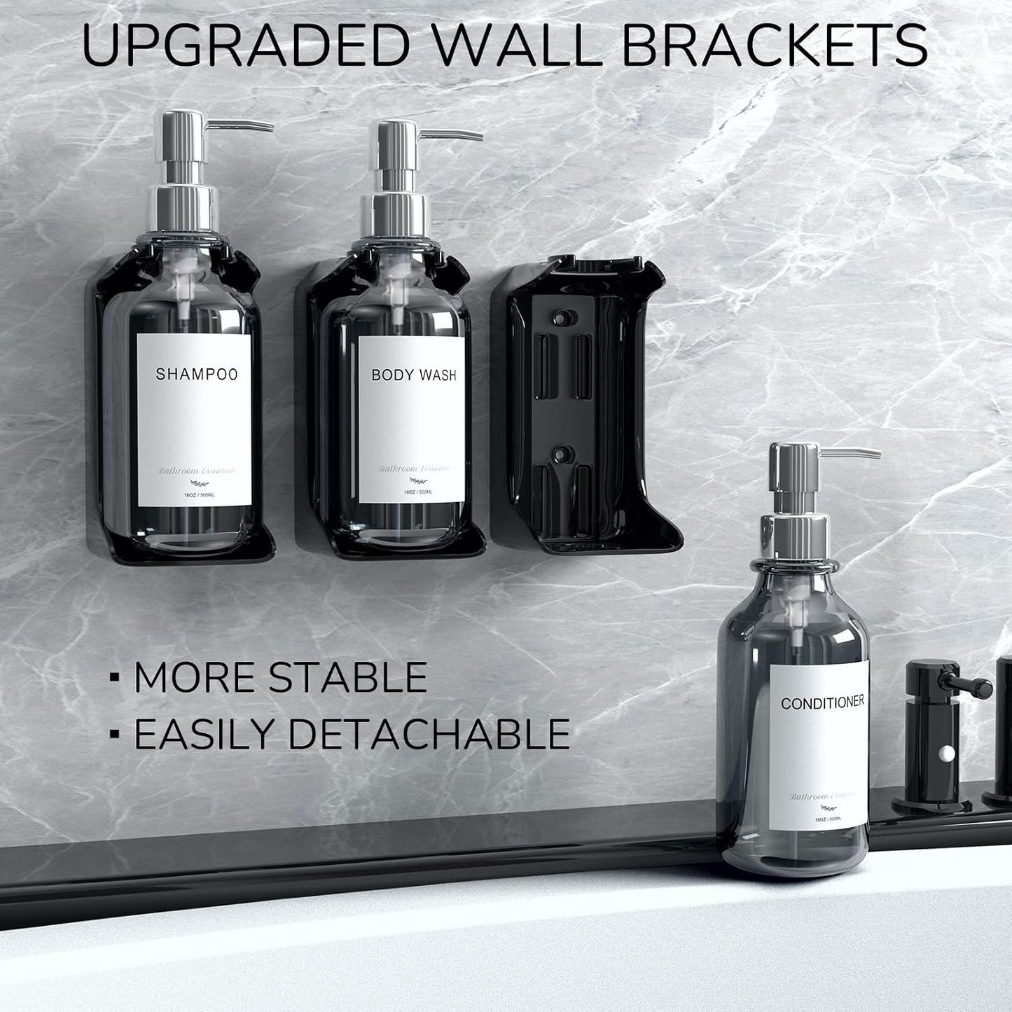 Modern Shampoo and Conditioner Dispenser - Shower Soap Dispenser Wall Mounted - 3-Pack 16 oz Plastic Amber Bottles with Black Pumps - Stylish Shampoo Dispenser, Shower Dispenser 3 Chamber No Drill