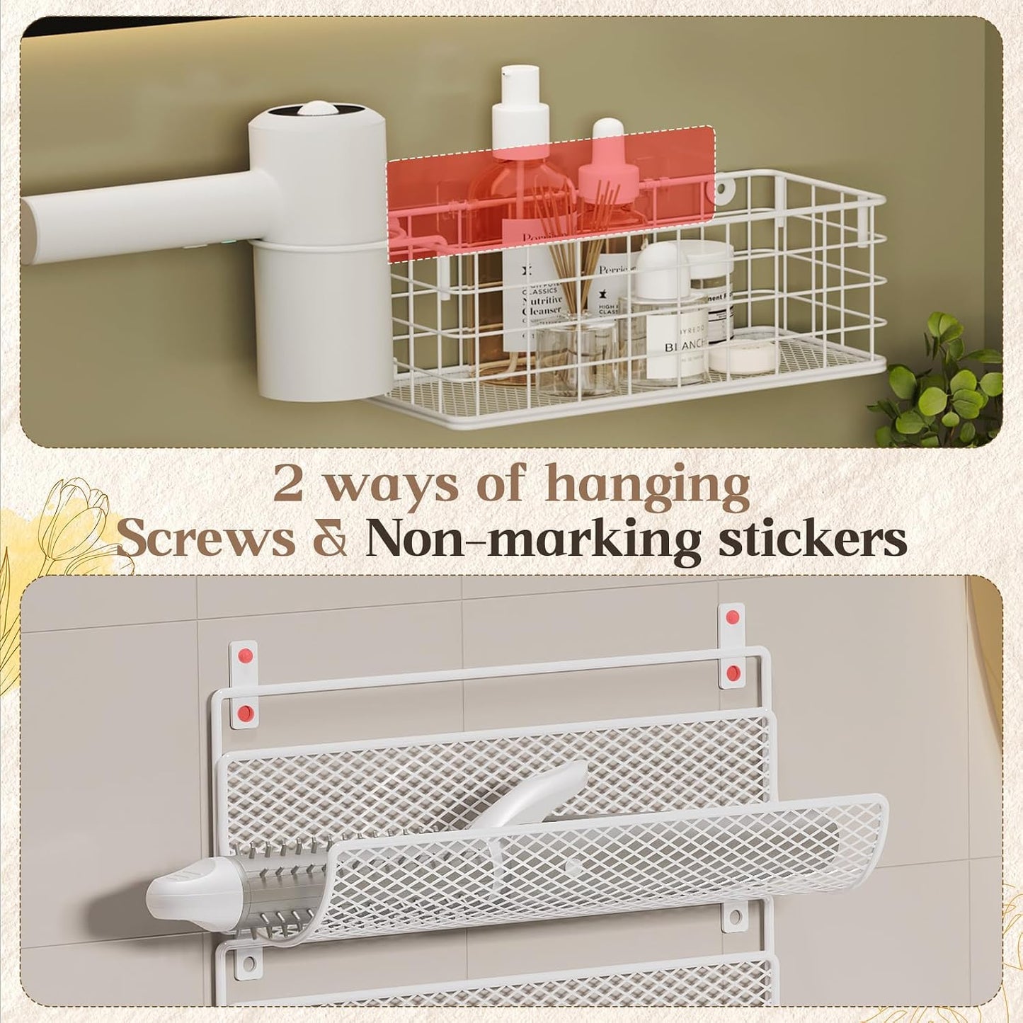 Wall-Mounted Hair Dryer Holder Styling Tool Organizer 4-Shelf Storage Wire Basket with Hook Heat Safe Rack for Hair-Straighteners,Curling Wands,Flat Iron,Cabinet Door Bathroom Kitchen White