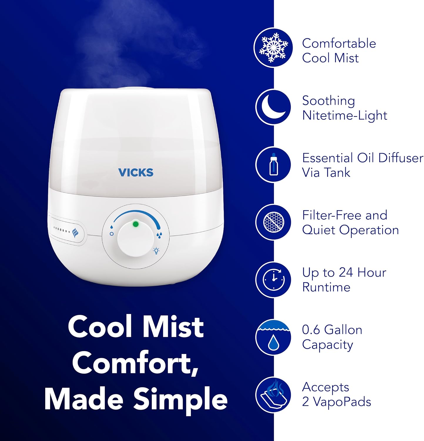 Vicks NaturalCare Cool Mist Ultrasonic Humidifier, White | Small Room Humidifier for Bedroom, Diffuser with Nighttime Light, Works with Vicks VapoPads