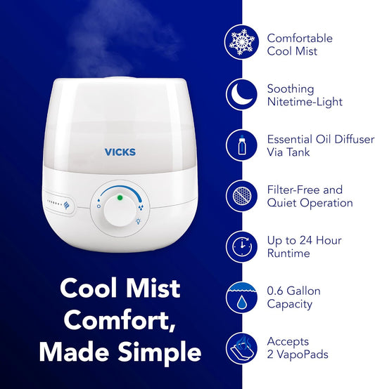 Vicks NaturalCare Cool Mist Ultrasonic Humidifier, White | Small Room Humidifier for Bedroom, Diffuser with Nighttime Light, Works with Vicks VapoPads