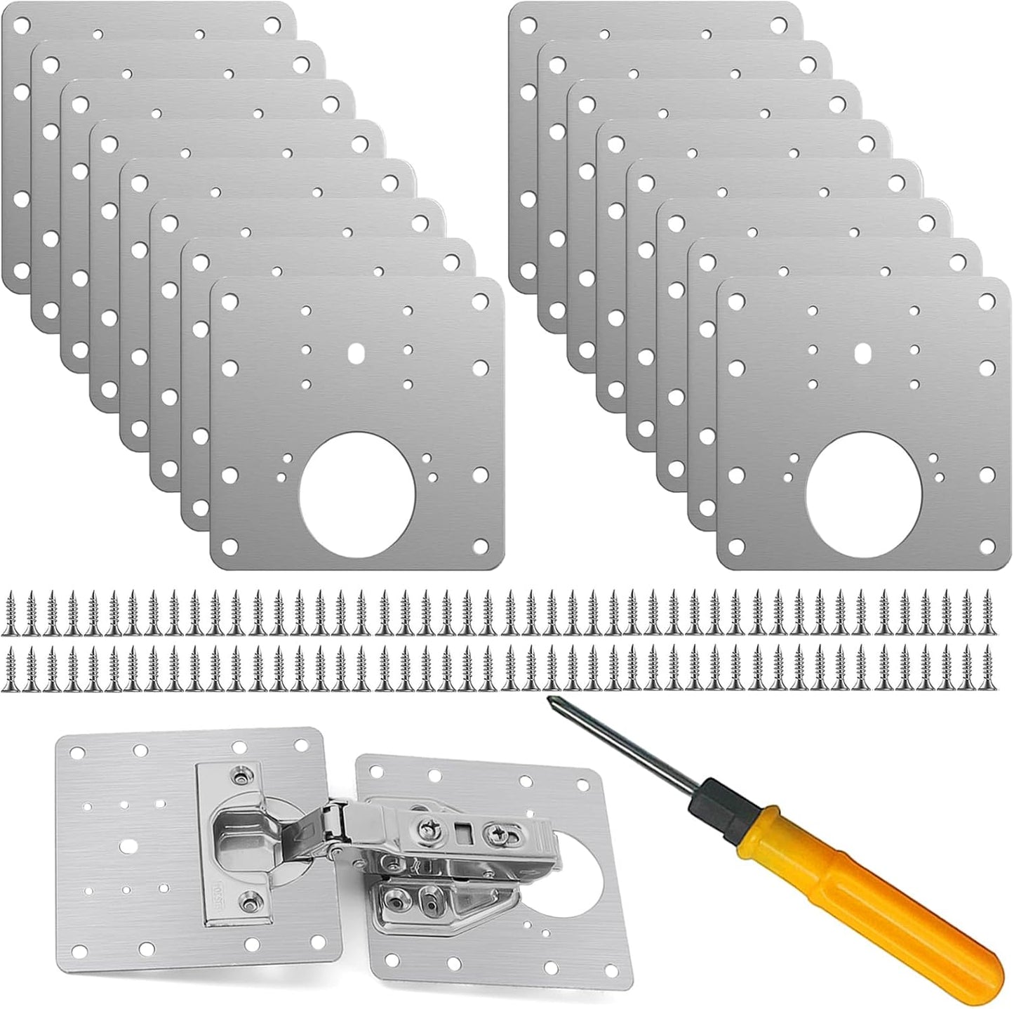 8 Pcs Stainless Steel Cabinet Hinge Repair Plate Kit with Screws and Mounting Tools for Wooden Kitchen Cabinets and Doors
