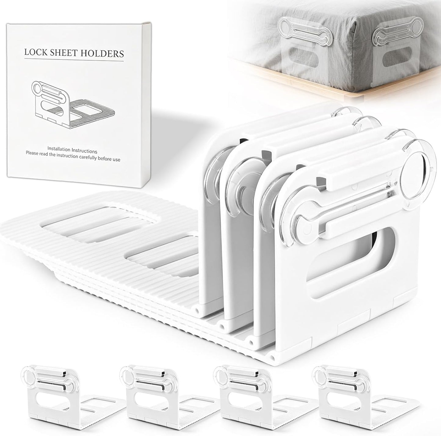 Premium 4-Pack Bed Sheet Holders for Corners, Fits All Mattress Sizes | Non-slip Locking Clasps Keep Sheets Tight, Sturdy Clips, Easy Install, No More Loose Sheets