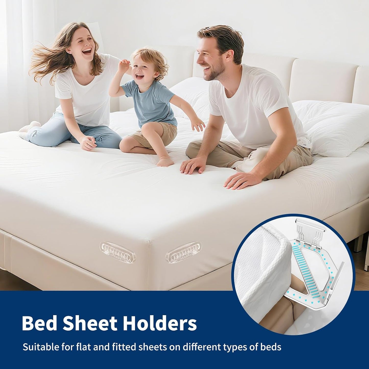 AMOVO Bed Sheet Holders for Corners Keep Sheets in Place Firmly - Foldable Fitted Sheet Holders Heavy Duty Sheet Locks Mattress Sheet Fasteners, Set of 4 Lock Sheet Clips (Snow-White)