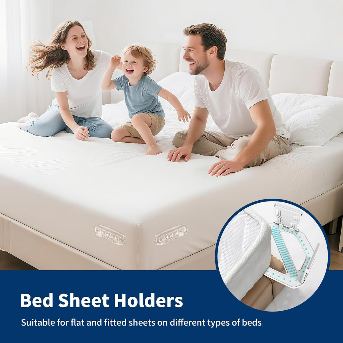 AMOVO Bed Sheet Holders for Corners Keep Sheets in Place Firmly - Foldable Fitted Sheet Holders Heavy Duty Sheet Locks Mattress Sheet Fasteners, Set of 4 Lock Sheet Clips (Snow-White)
