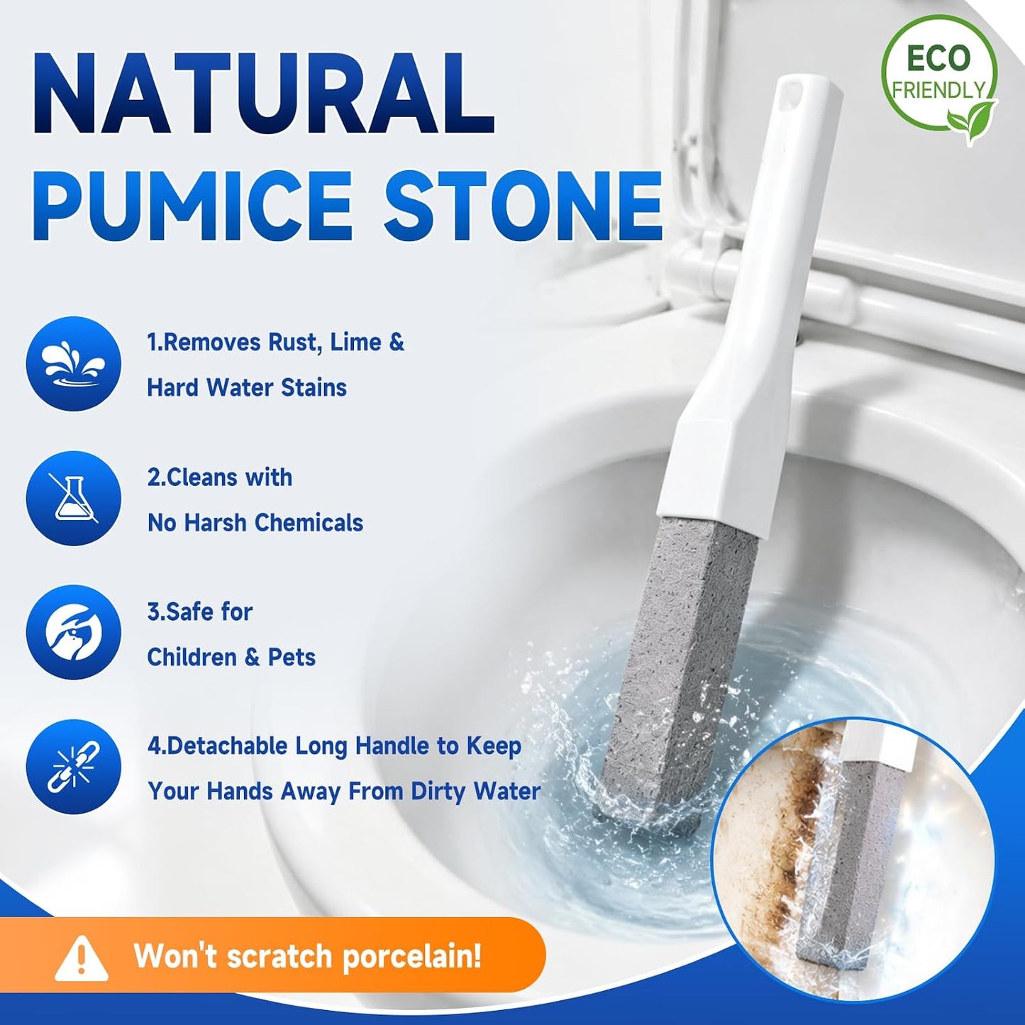 8 Pack Pumice Stone Toilet Bowl Cleaner with 2 Replaceable Long Handles | Remove Limescale, Rust & Hard Water Rings, Scratch‑Free, Natural Material, Multi‑Surface for Tub, Sink, Grill, Pool Tile