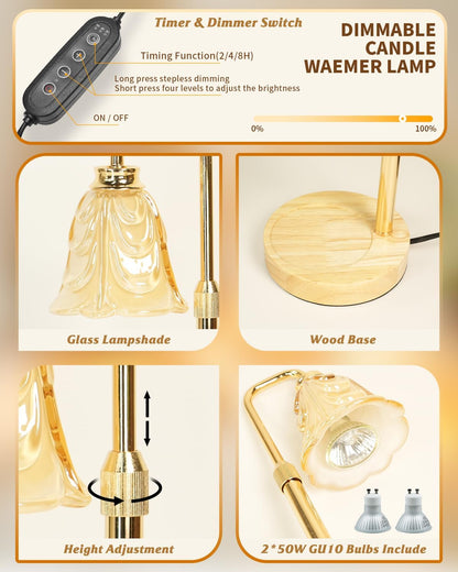 SupBri Candle Warmer Lamp with Timer & 4Bulbs, Pink Flower Glass Shdae