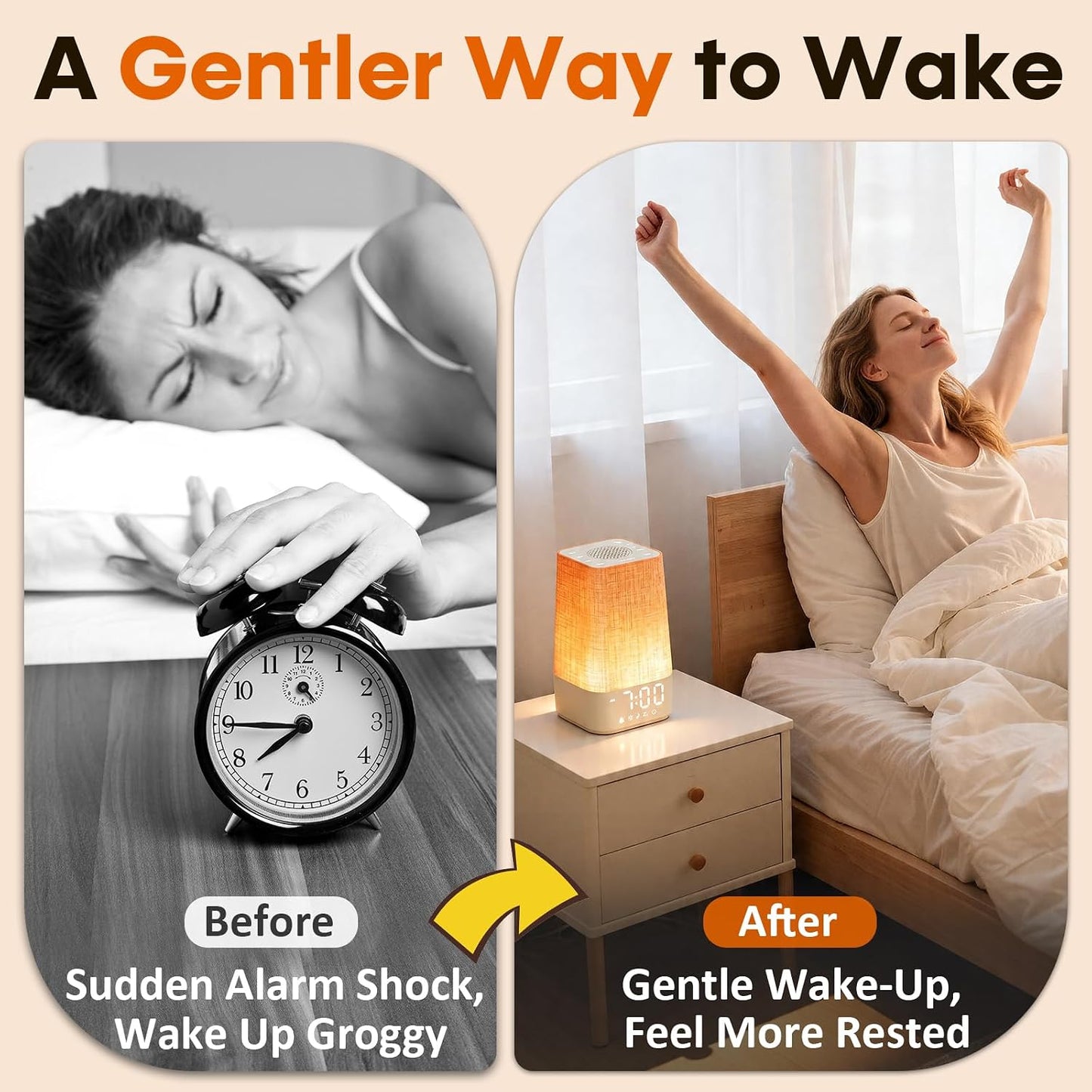 10-60 Mins Simulated Sunrise Alarm Clock: Gentle Wake Up Light for Bedroom | Adjustable Brightness 32-Level Volume Bright & Loud Enough for Dark Morning - White Noise Machine with 30 Smoothing Sounds