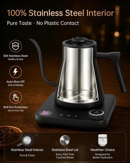 Gooseneck Electric Kettle with Temperature Control, 0.9L, Black | ±1°F Precision Pour Over Kettle, LCD Dual Display, Smart Two-Stage Heating, 2H Keep Warm, 304 Stainless Steel Interior