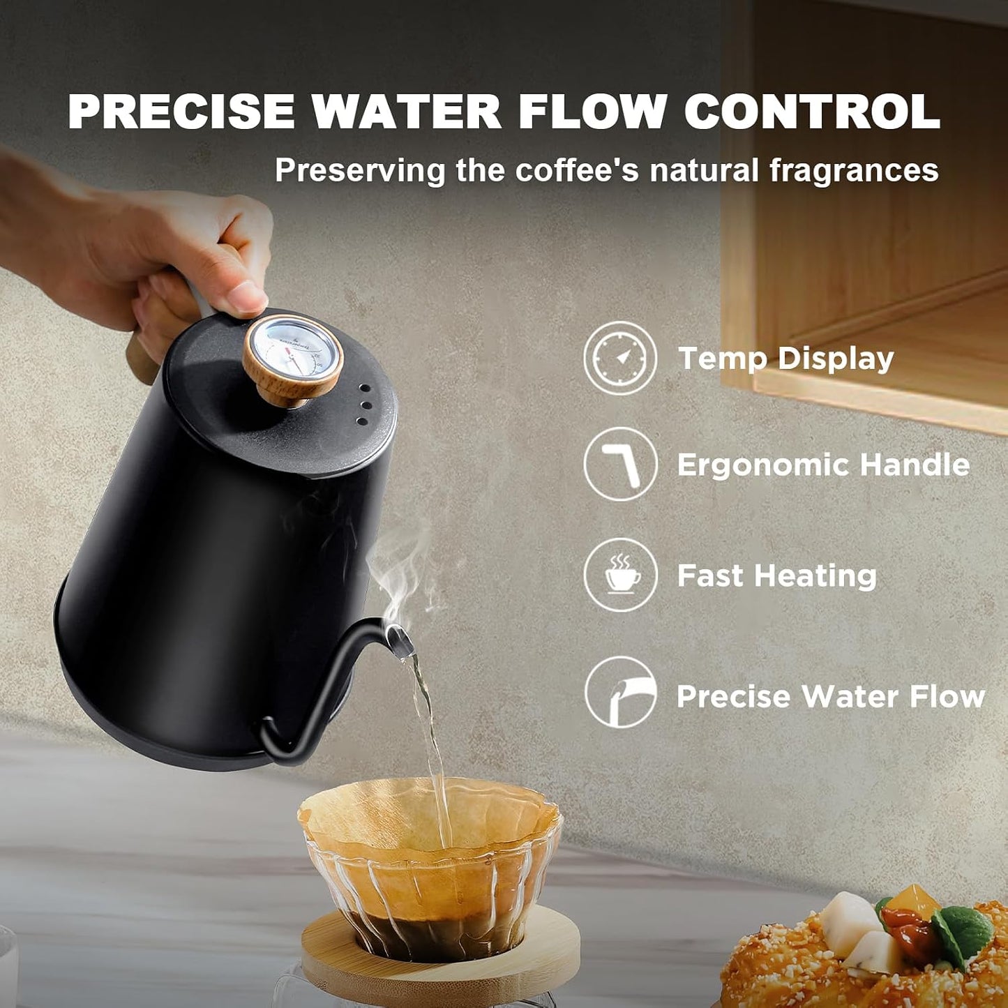 Nueve&Five Electric Gooseneck Kettle with Thermometer, 1.0L Pour Over Hot Water Kettle for Coffee and Tea, 1000W, Auto Shutoff, Boil-Dry Protection, Matte Black