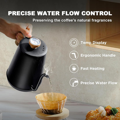 Nueve&Five Electric Gooseneck Kettle with Thermometer, 1.0L Pour Over Hot Water Kettle for Coffee and Tea, 1000W, Auto Shutoff, Boil-Dry Protection, Matte Black