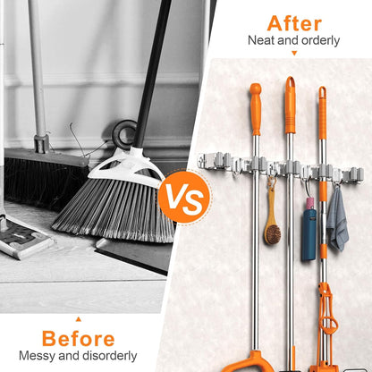 CUXIXA Mop and Broom Holder Wall Mount, Upgraded Broom Organizer Wall Mount, Stainless Steel Broom Hanger Wall Mount for Home Kitchen Garden Laundry Garage (3 Racks with 4 Hooks)