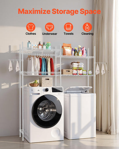 VEVOR Over The Washer and Dryer Storage Shelf, 3 Tier Laundry Room Drying Rack with Hanger Rod and Hooks, Adjustable Over Washer and Dryer Shelves, Laundry Room Shelf Storage Space Saver, White