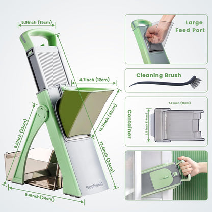 SupMaKin Safe Mandoline Slicer Plus for Kitchen Adjustable Vegetable Slicer | 0.1-8mm, Cut Resistant Stainless Steel Blades,Potato Fry Cutter, Onion Chopper, Detachable,Foldable Dishwasher Safe, Gifts