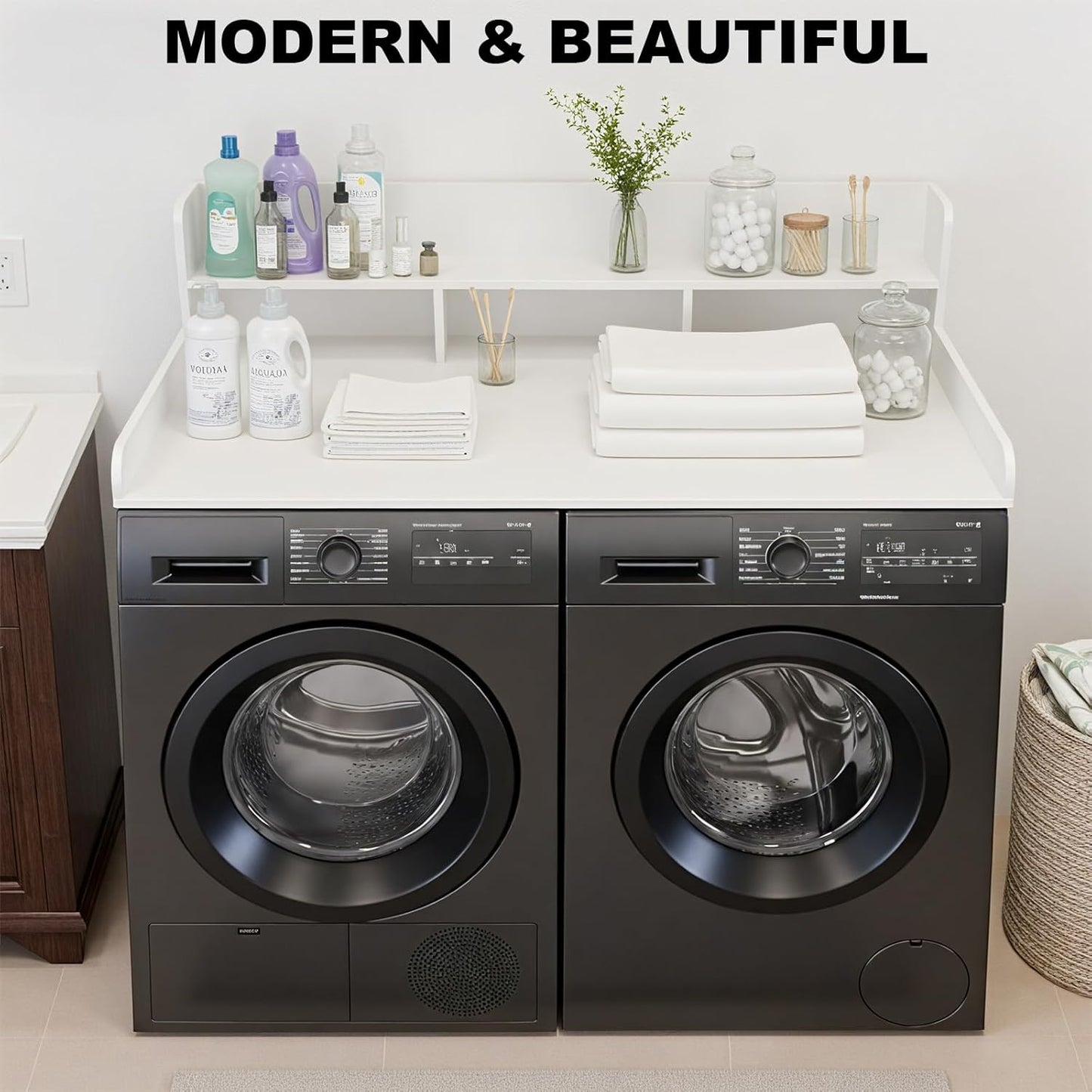 Washer Dryer Countertop with Shelf, 2-Tier Laundry Countertop Over Washer and Dryer, 54" x 27.55" Wooden Table for Folding Clothes for Laundry Room Organization and Storage (Oak)