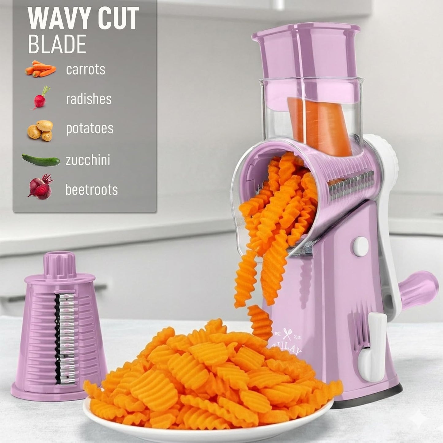 Zulay Kitchen Rotary Cheese Grater 5 Blade Cheese Shredder - Manual Hand Crank Cheese Grater With Reinforced Suction & 5 Interchangeable Drums - Easy to Use, Vegetable Chopper Round Mandoline Slicer - Colors A