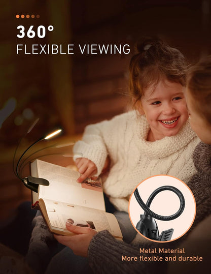 Monotremp Rechargeable Book Lights for Reading at Night, Clip-On 3 Colors | Eye-caring ultralight clip-on, stepless dimming, no flicker, amber mode, 80H runtime, 1.3oz, memory, gift for book lovers.