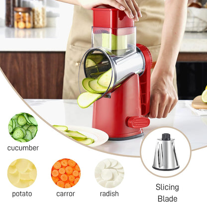 Weltonhm 4 in 1 Large Rotary Cheese Grater Hand Crank (black, 3 Graters) | Cheese Shredder Rotary and Slicer with 4 Stainless Steel Blades for Vegetables, Veggie and Cheese, Stronger Suction Base