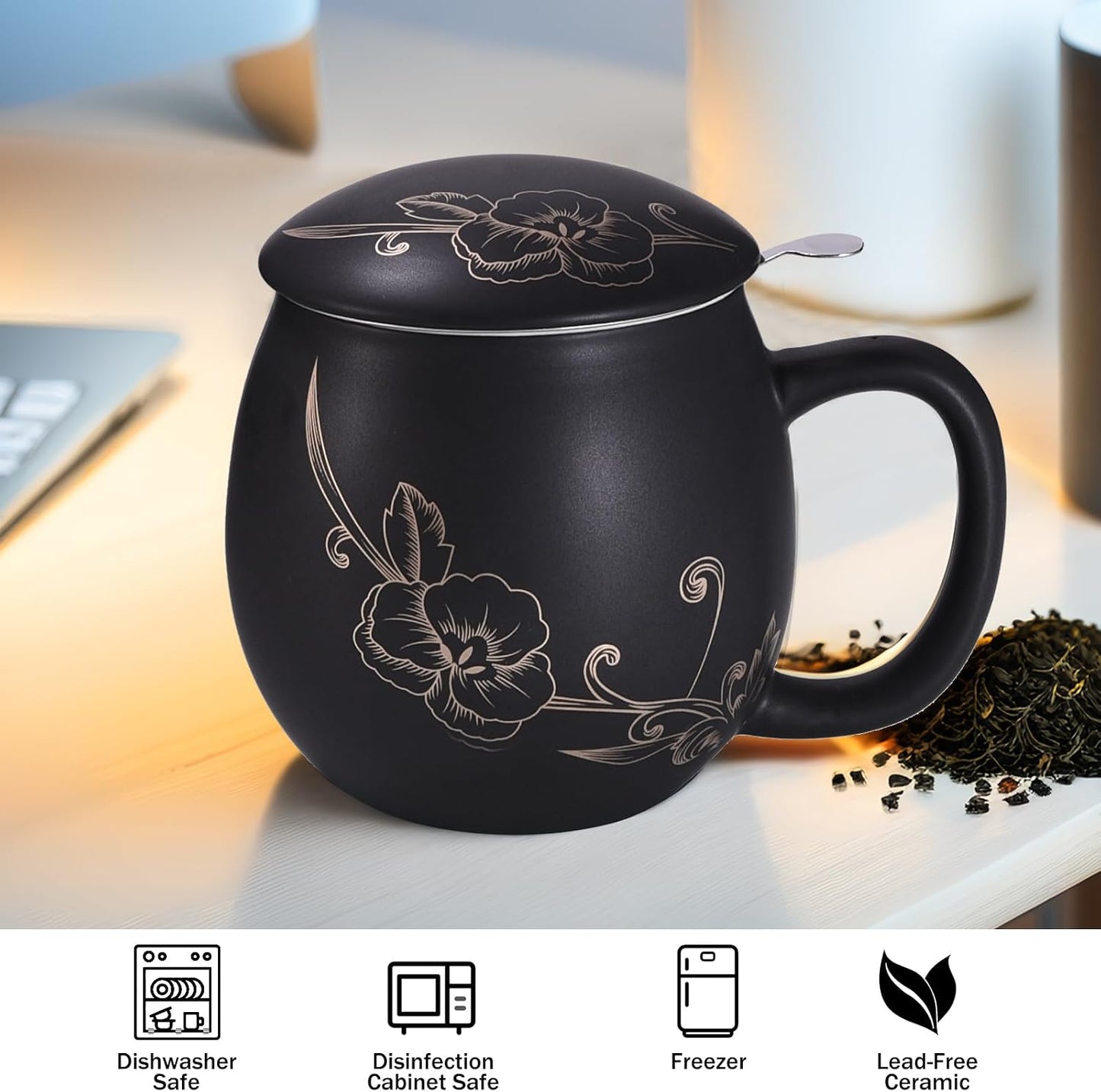 Yundu 12 OZ Matte Purple Ceramics Teacup with Infuser and Lid, Mug with Lid for Steeping - Stainless Steel Infuser for Loose Leaf Tea, Home Office Gift for Tea Lovers