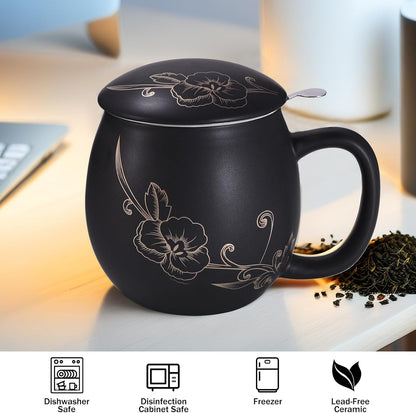 Yundu 12 OZ Matte Purple Ceramics Teacup with Infuser and Lid, Mug with Lid for Steeping - Stainless Steel Infuser for Loose Leaf Tea, Home Office Gift for Tea Lovers