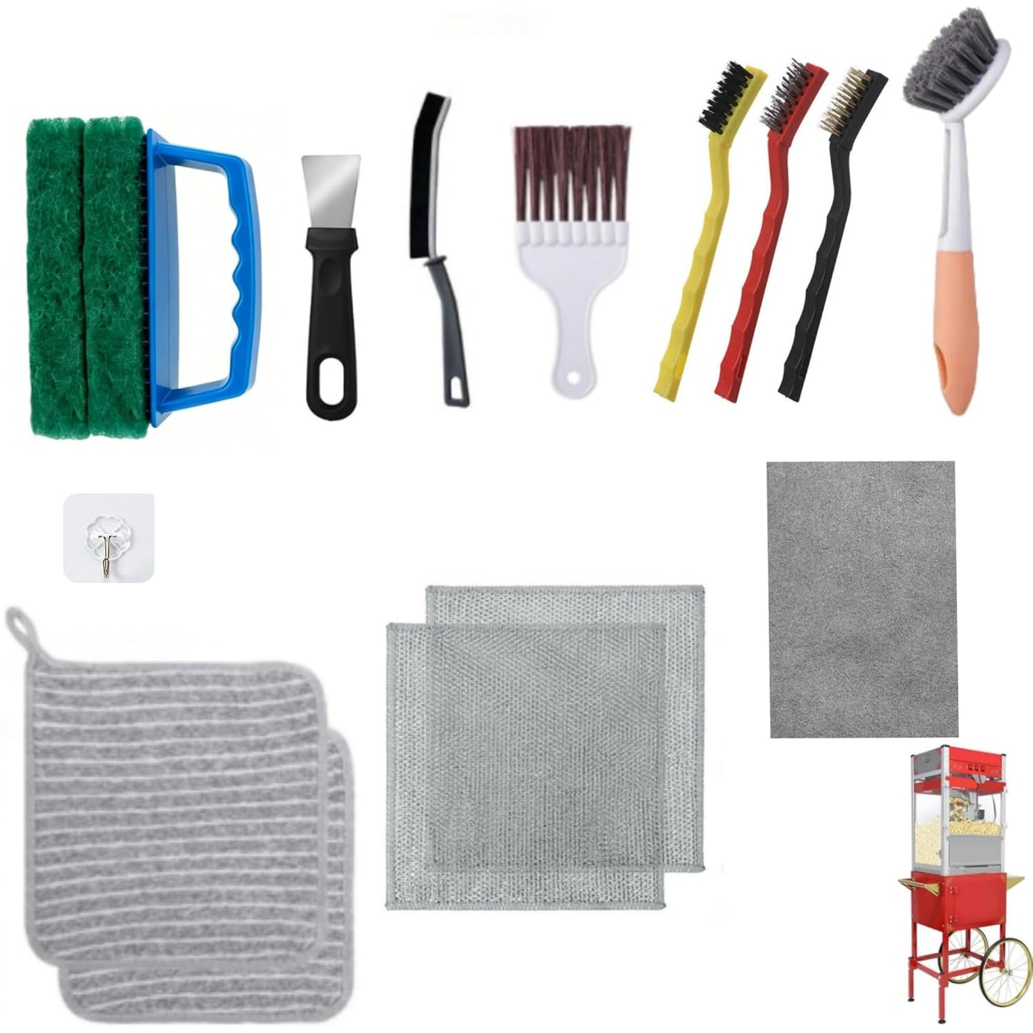 Popcorn Machine Cleaning KitAccessories-16Pcs Multi-Functional Cleaner Set, with Long-Handled Brush,Crevice Brush & Oil-Absorbing Cloth for deep Cleaning Popcorn Machines, Range Hoods, ovens