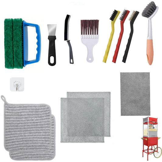 Popcorn Machine Cleaning KitAccessories-16Pcs Multi-Functional Cleaner Set, with Long-Handled Brush,Crevice Brush & Oil-Absorbing Cloth for deep Cleaning Popcorn Machines, Range Hoods, ovens