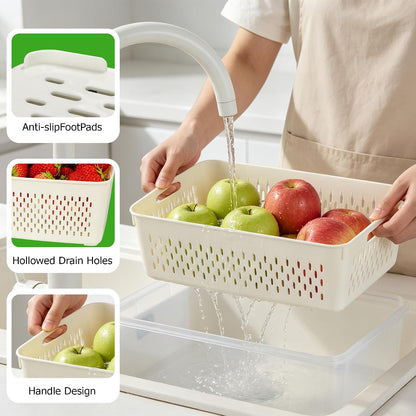 KUK 4 Pack Fruit Storage Containers for Fridge, Leakproof Food Containers with Removable Colander, Fruit Containers for Fridge BPA Free Produce Containers Keep Vegetables Berry Meat Fresh Longer