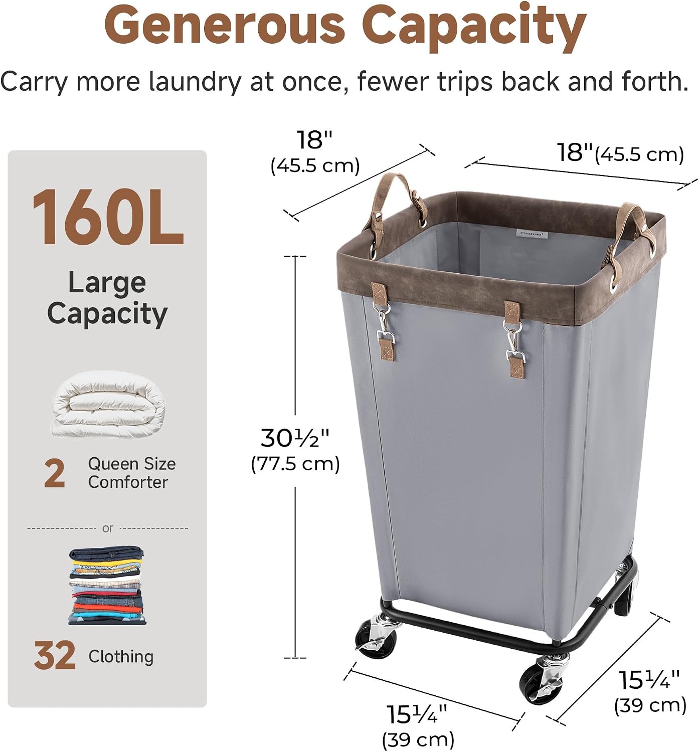 StorageWorks 160L Laundry Basket with Wheels, Rolling Hampers for Clothing | Beige Laundry Basket with Wheels, Metal Frame & Handles, Rolling Hamper for Bedroom, Bathroom, Dorm, Hotel