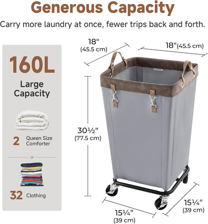 StorageWorks 160L Laundry Basket with Wheels, Rolling Hampers for Clothing | Beige Laundry Basket with Wheels, Metal Frame & Handles, Rolling Hamper for Bedroom, Bathroom, Dorm, Hotel
