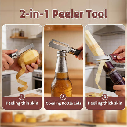 Julienne Peeler Vegetable Peeler for Veggie Potato Carrot(2 Pack) | Multifunctional Cabbage Shredder | 3 in 1 Peeler and Julienne Shredder Tool | Wooden Handle | Bottle Opener