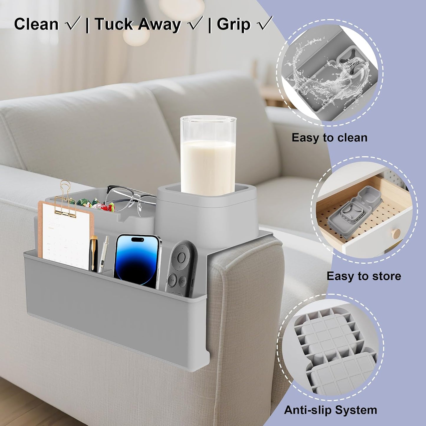 Couch Cup Holder Tray - Silicone Sofa Armrest Organizer Slate Gray | couch caddy with side pockets for drinks, phone, remote; sofa arm chair table arm chair caddy for recliner armrest organizer
