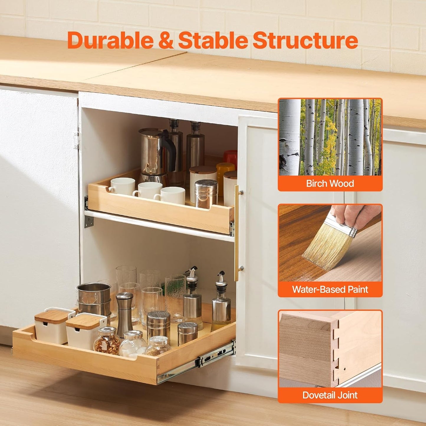 VEVOR Pull Out Cabinet Organizer, 14"W x 21"D Cabinet Drawer, Soft Close Slide out Shelf, Heavy-Duty Sliding Wood Drawer, Bottom Mount Size（14.5"W x 23"D）and Side Mount Size（15"W x 23"D） | Heavy-Duty Sliding Shelf with Bottom or Side Mounting for