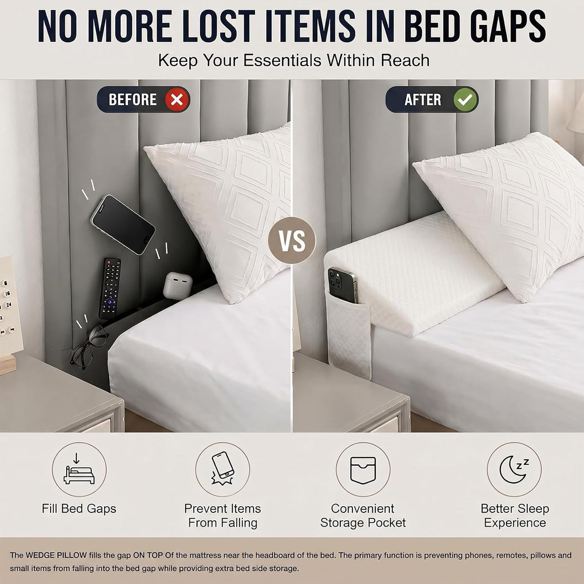 Full Size Bed Wedge Pillow for Headboard, Bed Gap Filler Black