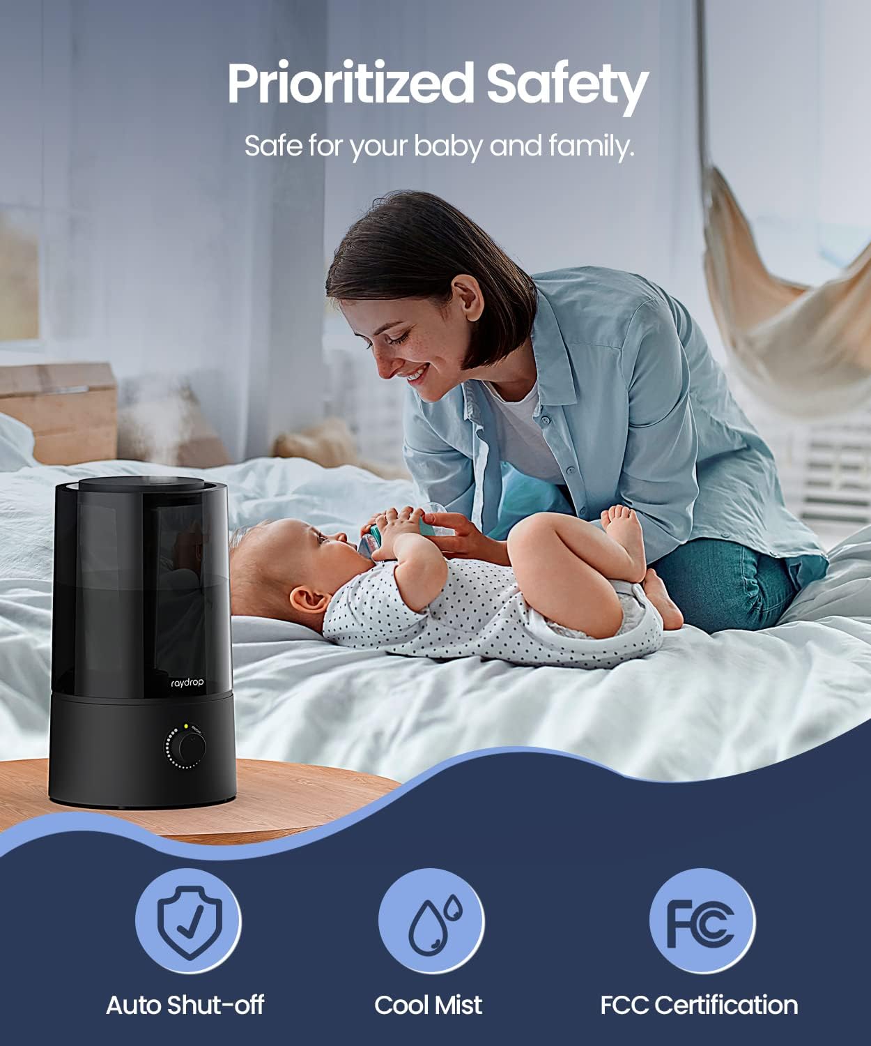 raydrop Cool Mist Humidifiers for Home Babies, 1.70 L Quiet and Small Ultrasonic Humidifier for Bedroom Nightstand, Space Saving, Auto Shut Off - (0.45 Gallon, US 110 V)