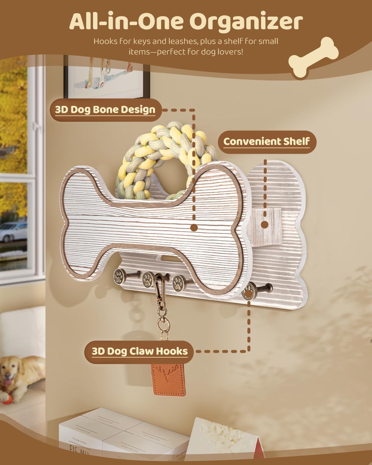 MTERSN Dog Leash Holder for Wall with Key Hooks for Dog Gear Storage, Brown | 3D Puppy Paw Hooks, Doggie Bone Shape, Key Rack with 5 Hooks, Wall Shelf for Treats & Dog Food, Ideal for Wall Decor