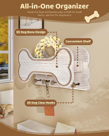 MTERSN Dog Leash Holder for Wall with Key Hooks for Dog Gear Storage, Brown | 3D Puppy Paw Hooks, Doggie Bone Shape, Key Rack with 5 Hooks, Wall Shelf for Treats & Dog Food, Ideal for Wall Decor