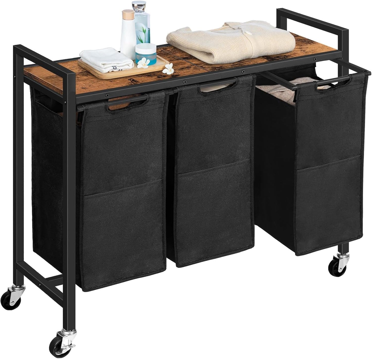 HOOBRO Laundry Sorter 3 Section, Laundry Hamper with Wheels, 3 × 11.5 Gal (43.4L), Rolling Laundry Basket, Pull-Out and Removable Oxford Fabric Laundry Bags, Rustic Brown and Grey BFG76XY01