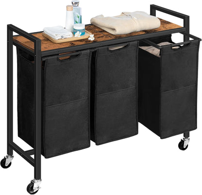 HOOBRO Laundry Sorter 3 Section, Laundry Hamper with Wheels, 3 × 11.5 Gal (43.4L), Rolling Laundry Basket, Pull-Out and Removable Oxford Fabric Laundry Bags, Rustic Brown and Grey BFG76XY01