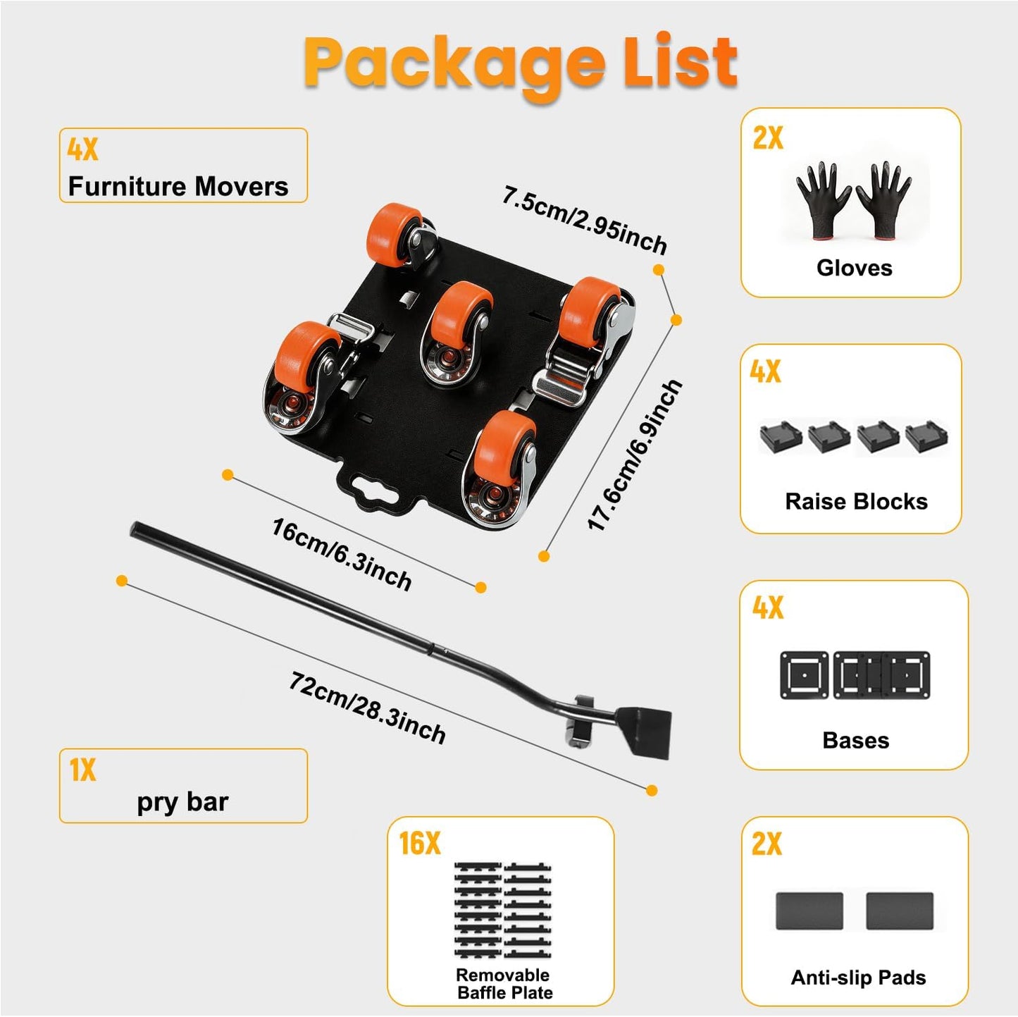 Furniture Dolly with Wheels, Heavy Duty Carbon Steel Furniture Lifter Tool | Anti-Tip Design with Dual-Brake 360° Rotatable Silent Rubber Casters, Max Load 3000LBS