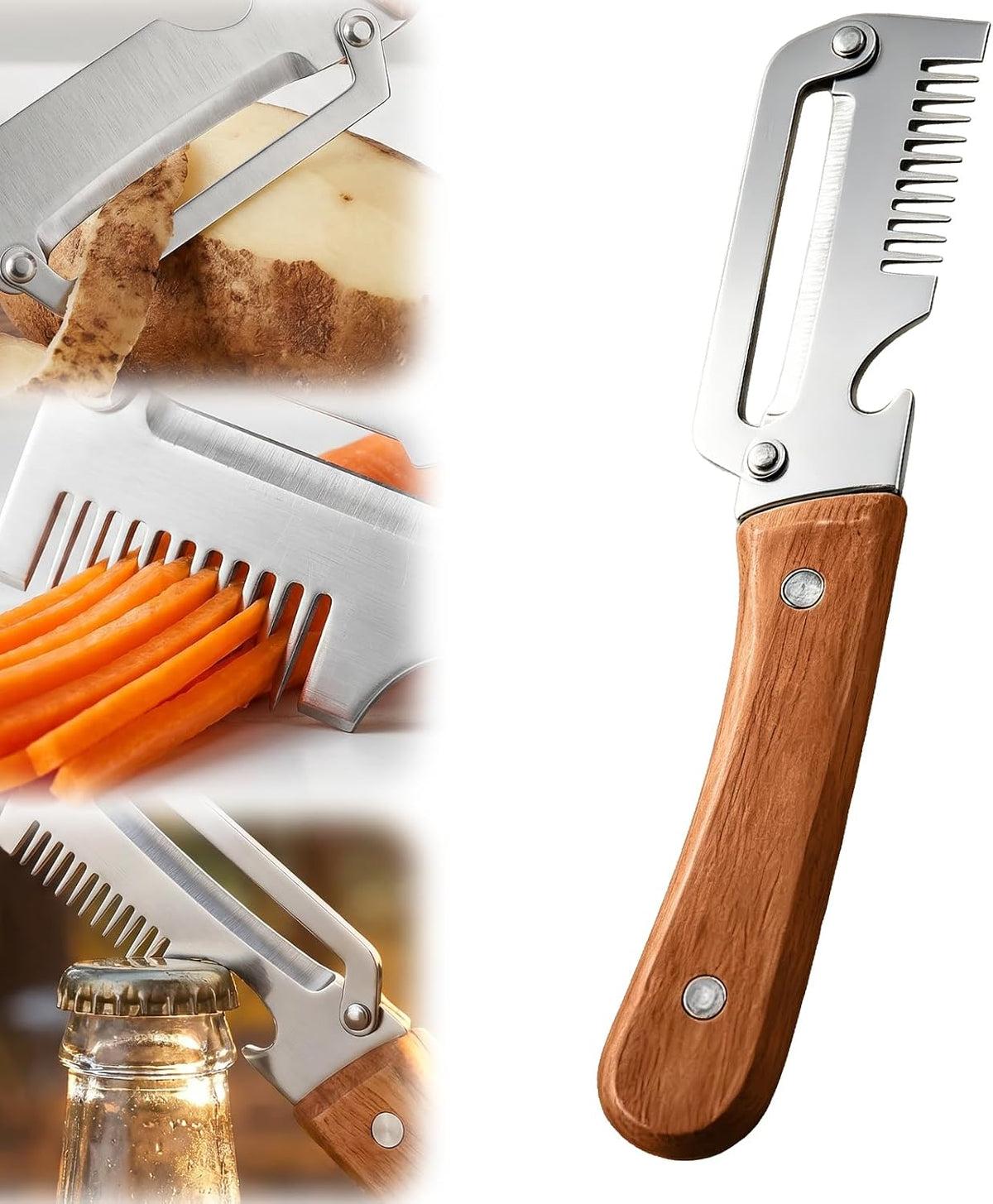 2026 Upgrade Vegetable Peeler and Julienne Peeler Set, Stainless Steel Vegetable Peelers for Kitchen with Wood Handles and Bottle Opener, Multifunctional Vegetable Peeler Set