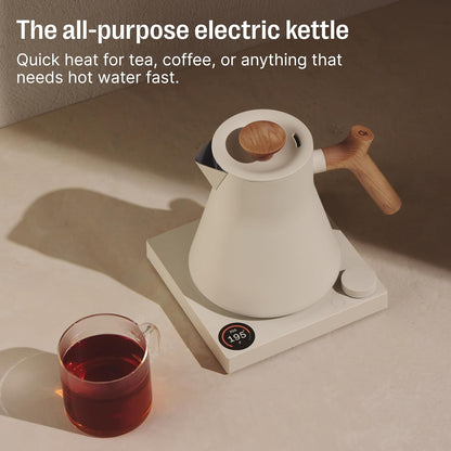 Fellow Corvo EKG Pro Electric Kettle for Tea & Coffee, 0.9 Liter | Precision Temp Control, Stainless Steel, Brew Timer, Smart Scheduling, Wide Spout, Quick Heating, Matte White, Maple Handle
